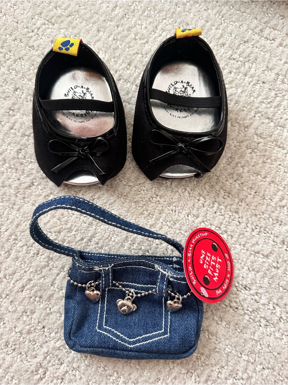 NWT Build-A-Bear Black Girl Ballet Heels with Denim Charm Purse